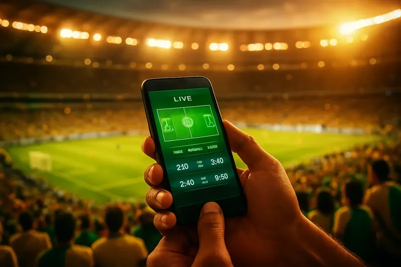 Mãos com smartphone exibindo odds ao vivo no Maracanã lotado à noite