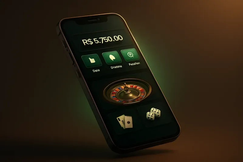 Smartphone moderno flutuando com app de cassino premium e saldo em reais