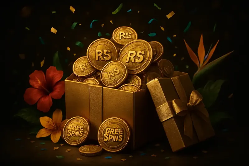 Caixa de presente dourada com moedas de real e fichas de giros grátis