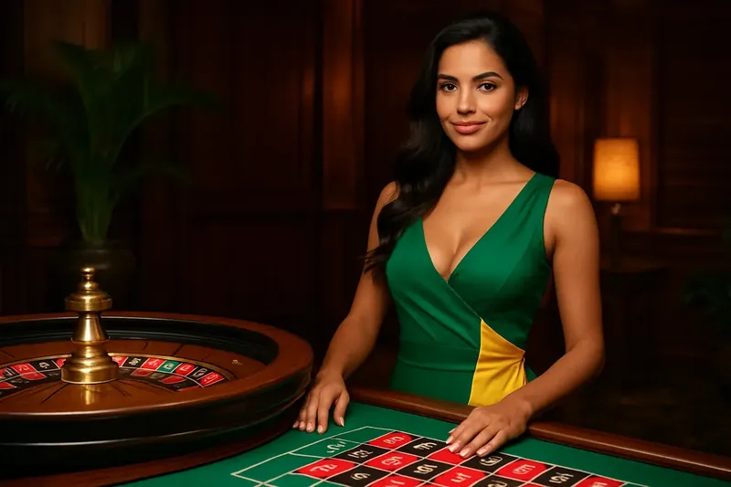 Estúdio de cassino ao vivo com dealer brasileira na mesa de roleta luxuosa