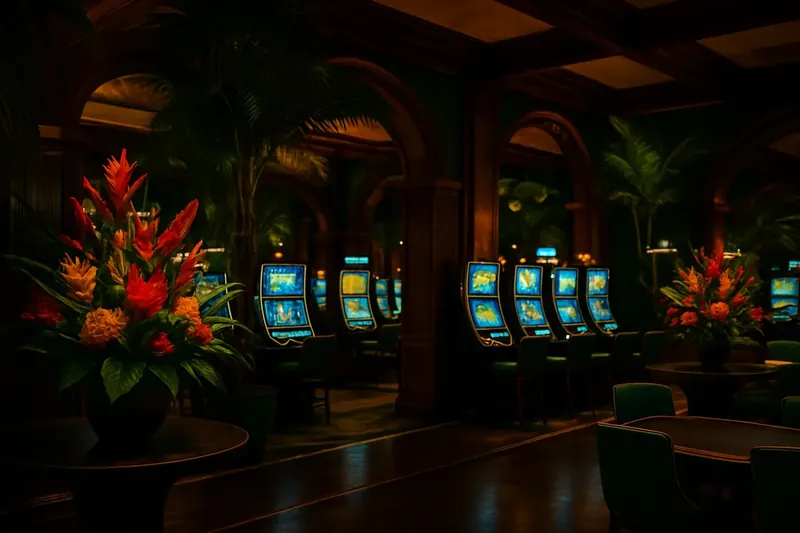 Lobby elegante de cassino brasileiro com decoração tropical e telas iluminadas