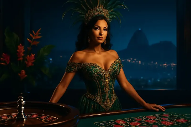 Mulher brasileira elegante ao lado da roleta com Rio ao fundo