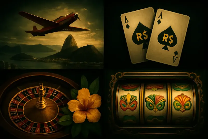 Colagem de jogos de cassino com Rio, roleta, blackjack e slots carnavalescos